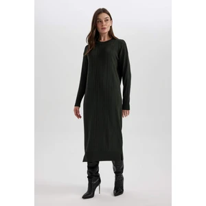 Regular Fit Bisiklet Yaka Basic Düz Uzun Kollu Krep Midi Triko Elbise A9806AX23WN
