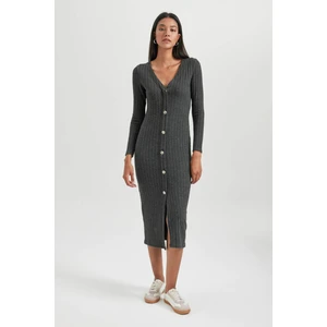 Bodycon Vücudu Saran Basic Düz V Yaka Düğmeli Fitilli Kaşkorse Midi Uzun Kollu Elbise B3261AX23AU