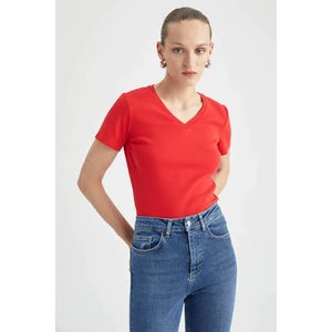 Slim Fit Dar Kesim V Yaka Ribana Basic Düz %100 Pamuk Kısa Kollu Tişört I1080AZ23SM