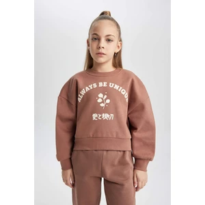 Kız Çocuk Relax Fit Bisiklet Yaka Baskılı Kalın Sweatshirt B4675A823WN