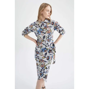 Fitted V Yaka Desenli Uzun Kollu Poplin %100 Pamuk Bluz X5611AZ22SM