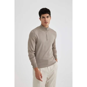 Slim Fit Dar Kesim Dik Yaka Yarım Fermuarlı Basic Düz Triko Kazak U6917AZ23WN