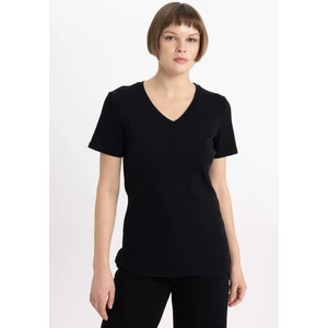 Slim Fit Dar Kesim V Yaka Ribana Basic Düz Kısa Kollu Siyah Tişört I1080AZ24SM