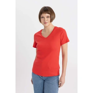 Slim Fit Dar Kesim V Yaka Ribana Basic Düz Kısa Kollu Tişört I1080AZ24SM