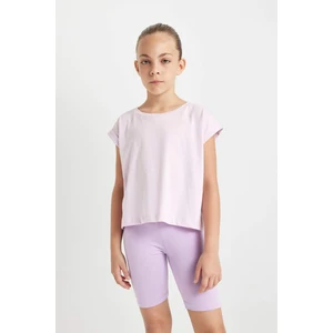 Kız Çocuk Boxy Fit Bisiklet Yaka Basic Düz Kısa Kollu Tişört C4511A824SM