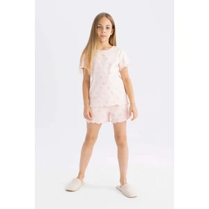 Kız Çocuk Pijama Takım Desenli Fitilli Kaşkorse Kısa Kollu Üst Beli Lastikli Şort Alt C8500A824SM