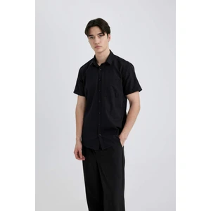 Slim Fit Dar Kesim Yazlık Basic Düz %100 Pamuk Kısa Kollu Siyah Gömlek R1706AZ24SM