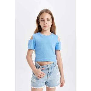 Kız Çocuk Slim Fit Dar Kesim Bisiklet Yaka Basic Düz Ribana Kısa Kollu Tişört C9714A824HS