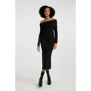 Slim Fit Dar Kesim Açık Omuz Basic Düz Uzun Kollu Midi Triko Elbise C0618AX23WN