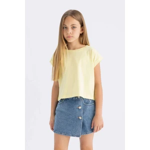 Kız Çocuk Boxy Fit Bisiklet Yaka Basic Düz Kısa Kollu Tişört C4511A824SM