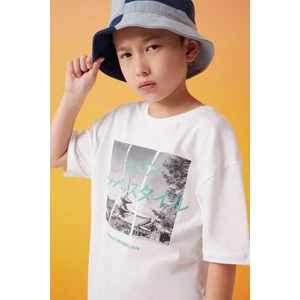 Erkek Çocuk Oversize Geniş Kalıp Bisiklet Yaka Baskılı Kısa Kollu Tişört