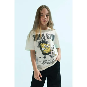 Kız Çocuk SpongeBob Oversize Geniş Kalıp Bisiklet Yaka Kısa Kollu Tişört C1463A824SM