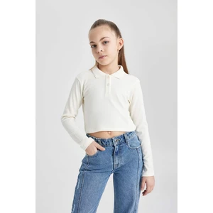 Kız Çocuk Polo Yaka Ribana Uzun Kollu Basic Düz Tişört B7407A824SP