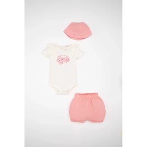 Kız Bebek 3'lü Takım Baskılı Müslin Kumaş Kısa Kollu Çıtçıtlı Body Şort Şapka D0789A524HS