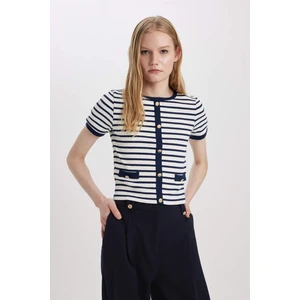Slim Fit Dar Kesim Bisiklet Yaka Çizgili Fitilli Kaşkorse Kısa Kollu Tişört C2566AX24SP