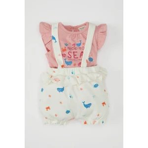 Kız Bebek 2'li Takım Deniz Baskılı Fitilli Kaşkorse Kısa Kolu Tişört Askılı Tulum D0793A524HS