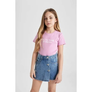 Kız Çocuk Slim Fit Dar Kesim Bisiklet Yaka Baskılı Fitilli Kaşkorse Kısa Kollu Tişört B6689A824SM