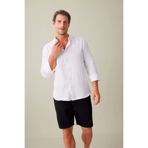 %100 Keten Regular Fit Polo Yaka Yazlık Basic Düz Uzun Kollu Gömlek C1825AX24SM