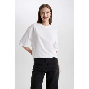 Oversize Geniş Kalıp Bisiklet Yaka Penye Basic Düz Kısa Kollu Beyaz Tişört C0099AX24SM