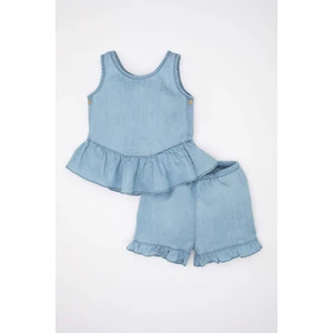 Kız Bebek 2'li Takım Jean Görünümlü Kolsuz Fırfırlı Bluz Şort C9540A524SM