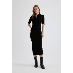 Bodycon Vücuda Oturan Basic Düz Düğmeli Polo Yaka Fitilli Kaşkorse Yarım Kollu Midi Siyah Elbise C2882AX24SP
