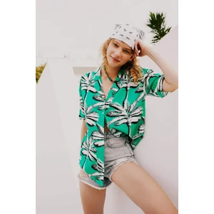 Oversize Desenli Pijama Yaka Kısa Kollu Gömlek A9483AX23SM