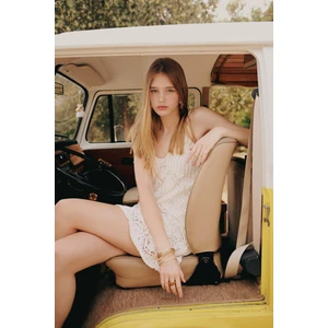 V Yaka Kroşe Beyaz Askılı Midi Triko Elbise C9078AX24SM