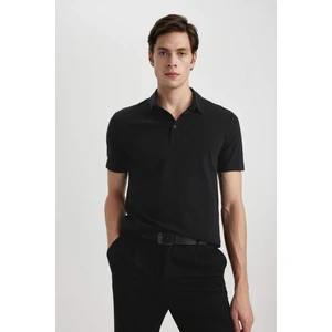Slim Fit Dar Kesim Polo Yaka Pamuklu Kısa Kollu Siyah Tişört X2594AZ24SM