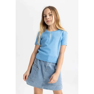 Kız Çocuk Slim Fit Dar Kesim Bisiklet Yaka Ribana Basic Düz Kısa Kollu Tişört B3054A824SM