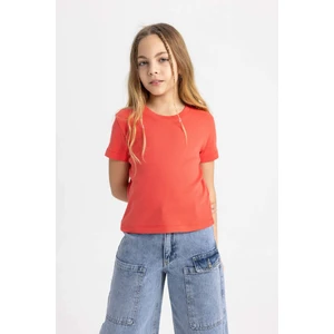 Kız Çocuk Slim Fit Dar Kesim Bisiklet Yaka Ribana Basic Düz Kısa Kollu Tişört B3054A824SM