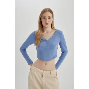 Coool Fitted V Yaka Crop Fitilli Kaşkorse Uzun Kollu Tişört C4399AX24SP