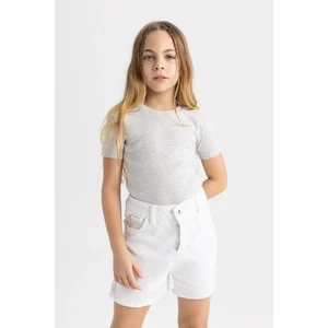 Kız Çocuk Slim Fit Dar Kesim Bisiklet Yaka Ribana Basic Düz Kısa Kollu Tişört B3054A824SM