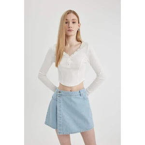 Coool Fitted V Yaka Crop Fitilli Kaşkorse Uzun Kollu Tişört C4399AX24SP