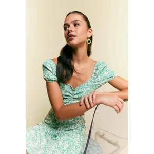 Slim Fit Dar Kesim Crop Desenli Büzgü Detaylı Kısa Kollu Bluz U5234AZ23SM