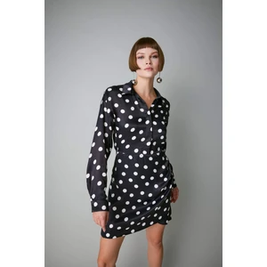 Gömlek Yaka Saten Puantiyeli Mini Uzun Kollu Elbise