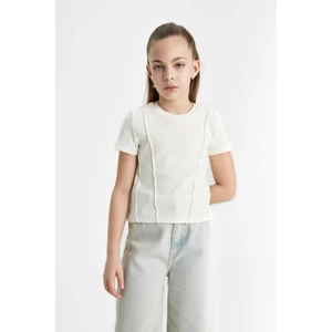 Kız Çocuk Slim Fit Dar Kesim Bisiklet Yaka Ribana Kısa Kollu Tişört C0104A824SM