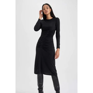 Bodycon Vücudu Saran Yuvarlak Yaka Uzun Kollu Midi Elbise B1819AX23AU