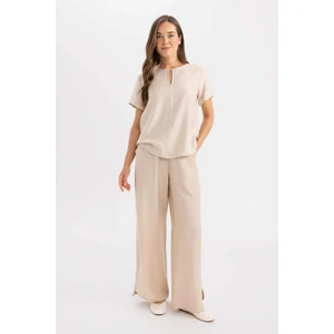 Keten Görünümlü Pantolon Wide Leg Geniş Bol Paça Basic Düz Yırtmaçlı Esnek Belli Paça Z8384AZ24SM