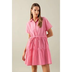 Gömlek Yaka Beli Büzgülü Poplin Kısa Kollu Mini Pembe Elbise C5698AX24SM