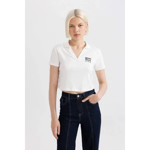 Fitted Polo Yaka Baskılı Kısa Kollu Beyaz Tişört C7655AX24SM