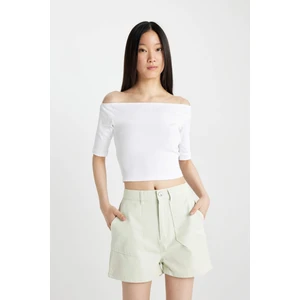 Slim Fit Dar Kesim Omuzu Açık Fitilli Kaşkorse Kısa Kollu Tişört C9169AX24SM
