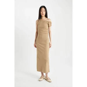 Bodycon Vücudu Saran Tek Omuzlu Fitilli Kaşkorse Kısa Kollu Midi Elbise D1448AX24SM