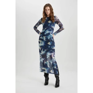 Bodycon Yuvarlak Yaka Batik Tül Midi Uzun Kollu Abiye Elbise C5082AX24SP