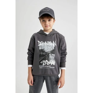 Erkek Çocuk Kapüşonlu Baskılı Kalın Sweatshirt B5862A823CW