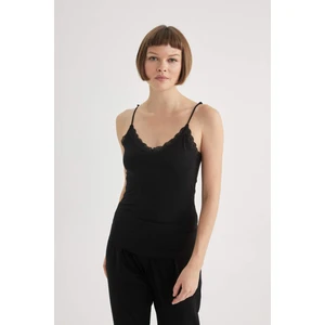 Regular Fit Dantel Detaylı İnce Askılı Pamuklu Siyah İç Atlet-Fall in Love Y5360AZ24SP