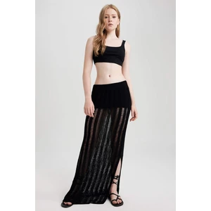 Slim Fit Kroşe Yırtmaçlı Siyah Maxi Etek A9259AX23SM