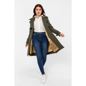 %100 Pamuk Gabardin Midi (95CM) Astarlı Kemerli Kadın Trençkot 1113