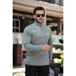 Haki Unisex Nakışlı Dik Yaka Yarım Fermuarlı Polar Sweatshirt- 2321