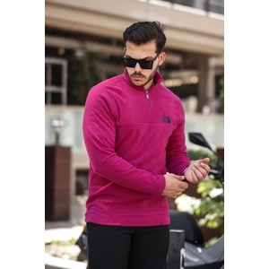 Fuşya Unisex Nakışlı Dik Yaka Yarım Fermuarlı Polar Sweatshirt- 2321