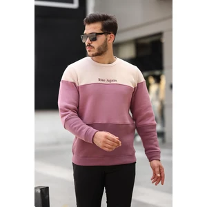 Bej Gül Kurusu Mürdüm Üç Renk Blok Parçalı Sıfır Yaka Üç iplik Regular Fit Sweatshirt- 2436
